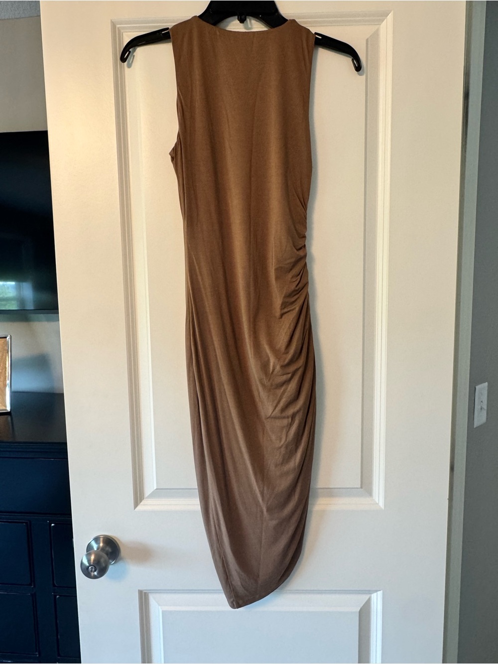 Lovers + Friends Asymmetrical Ruched Midi Dress in Brown